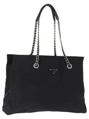 PRADA Chain Shoulder Bag Nylon Black Silver Auth gh1548